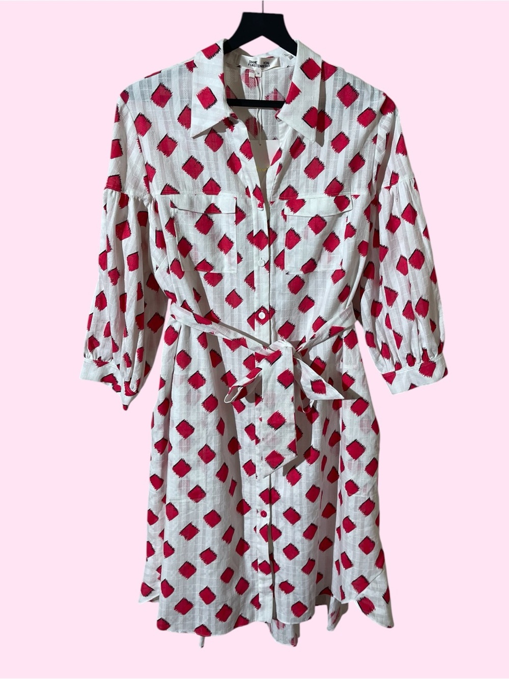 Diane Von Furstenberg White Midi Shirt Dress with Red Diamond Print